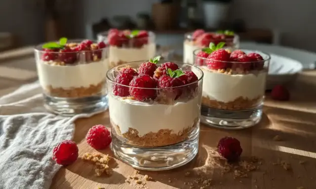 Fluffig cheesecake i glas med krossade digestivekex och färska hallon. En perfekt sommardessert!