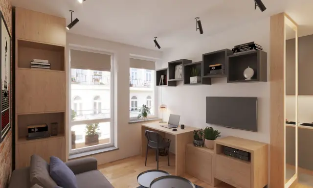 Nowoczesne oświetlenie salonu i aranżacje: sofa, biurko z laptopem, TV, regały i drewniane meble tworzą przytulną przestrzeń.