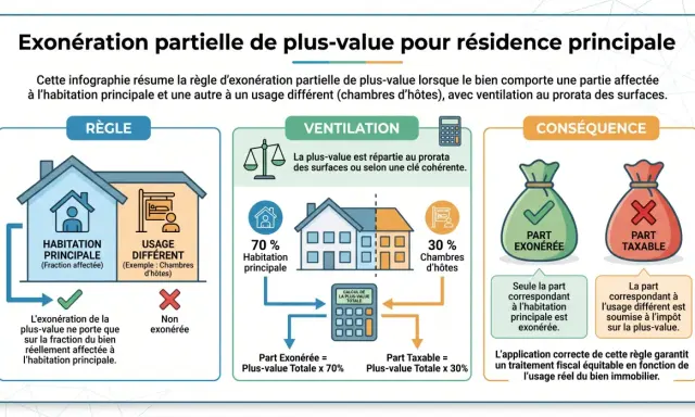 Infographie expliquant l'exonération partielle de plus-value pour une résidence principale avec usage mixte (habitation principale et chambres d'hôtes). La plus-value est calculée au prorata des surfaces.