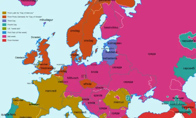Kto wymyślił dni tygodnia? Mapa pokazuje nazwy środy w Europie: od Merkurego, Wodana, trzeciego dnia tygodnia, środka tygodnia, czy ostatniego dnia postu.