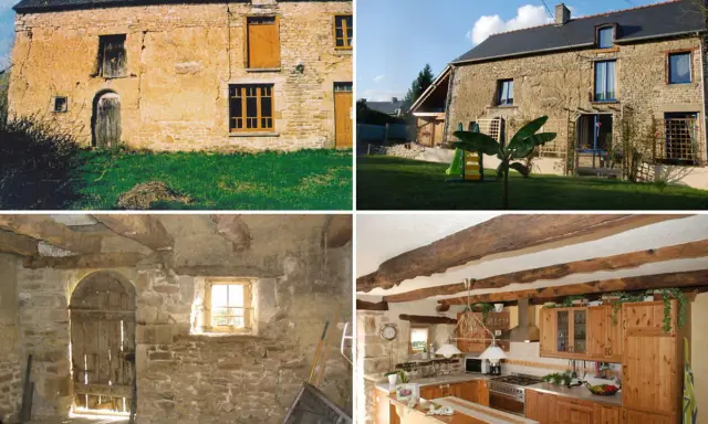 Collage avant/après : maison ancienne délabrée et jardin, puis cuisine rénovée et jardin fleuri.