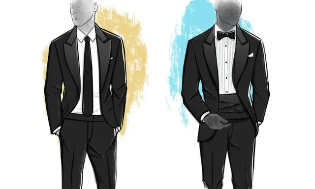 Two figures in tuxedos. One wears a tuxedo with a regular tie, the other a tuxedo with a bow tie and cummerbund.