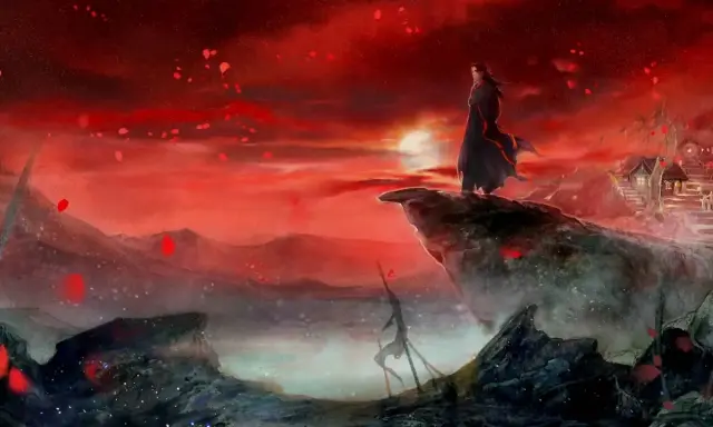 Il gran maestro della scuola demoniaca osserva il tramonto rosso fuoco da una scogliera, petali rossi danzano nell'aria.