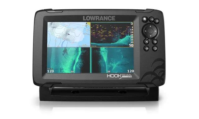 Écran du sondeur Lowrance Hook 7 affichant une carte nautique et des vues sonar. Réglage sondeur Lowrance Hook 7 pour une pêche réussie.