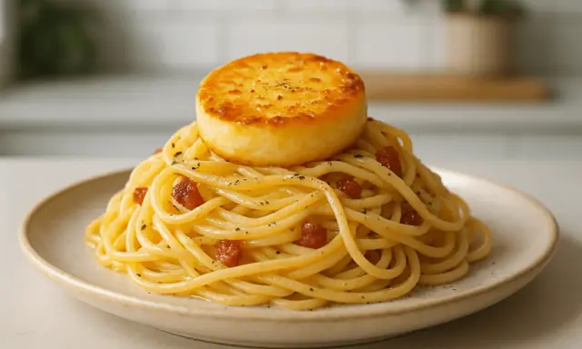 Porcja spaghetti carbonara z okrągłym, podsmażonym serem na wierzchu.