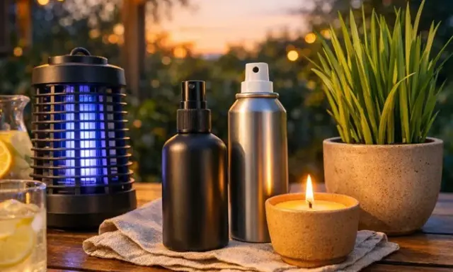 Wieczorny relaks na tarasie: lampa UV, spray, świeca i napój. Skuteczne środki, co odstrasza komary w nocy, zapewniają spokój.