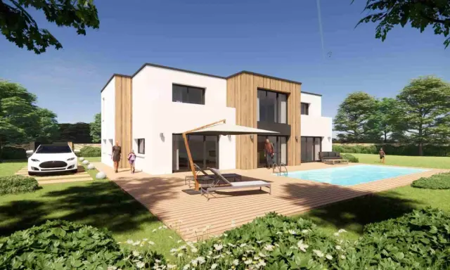 Une famille profite de sa nouvelle maison moderne avec piscine. Le rêve de construire sa propre maison est devenu réalité.