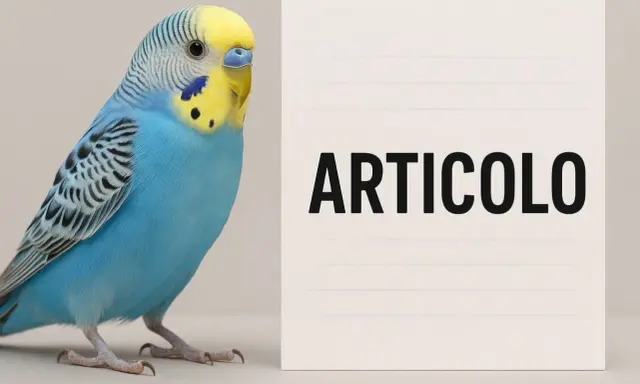 Una cocorita blu e gialla accanto a un foglio con la scritta "ARTICOLO". Potrebbe trattarsi di un articolo sull'accoppiamento cocorite consanguinei.