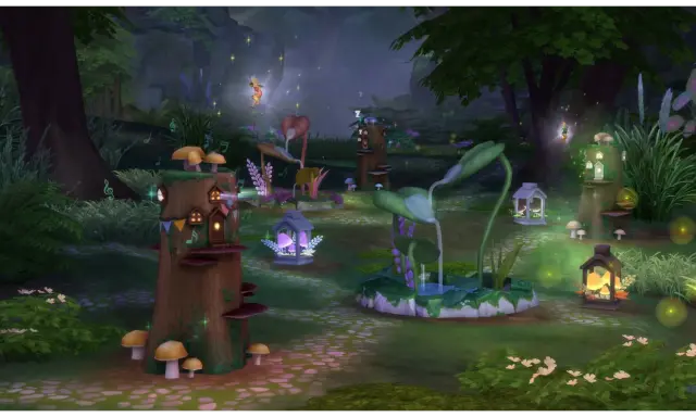 Magiczny las z The Sims 4, pełen fantastycznych roślin, grzybów i wróżek.