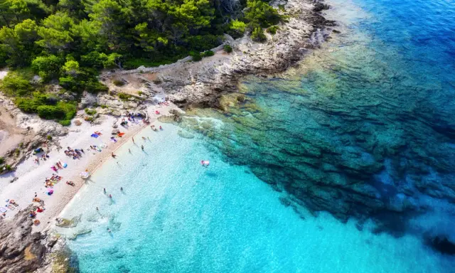 Idealne miejsce, gdzie lecieć w czerwcu: kamienista plaża z turkusową wodą, sosnowy las i opalający się ludzie.