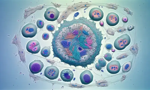 Células en división, algunas con cromosomas visibles, en un proceso que recuerda a la meiosis II.