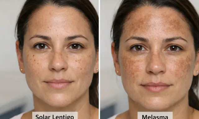 Comparaison de taches de vieillesse : d'un côté, des taches solaires légères, de l'autre, un mélasma plus prononcé.