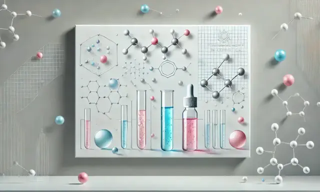 Molecole e provette in un laboratorio. La chimica dietro il significato di antiossidante, con sfere colorate che rappresentano atomi.
