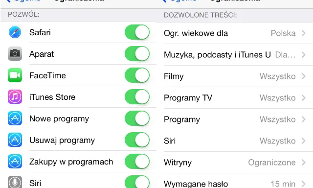 Ustawienia iPhone: kontrola rodzicielska pozwala zarządzać dostępem do aplikacji, treści i funkcji.