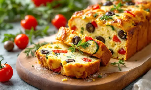 Un délicieux cake salé aux olives, tomates et courgettes, garni d'herbes fraîches, prêt à être dégusté.
