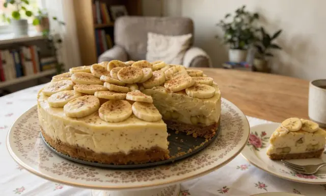 Pyszny sernik z bananami, udekorowany plasterkami owoców i cynamonem, kusi na paterze. Obok kawałek na talerzyku.