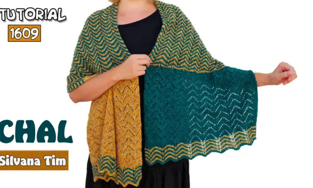 Chal tejido a dos agujas con patrones de zig-zag en amarillo y verde. Tutorial 1609.