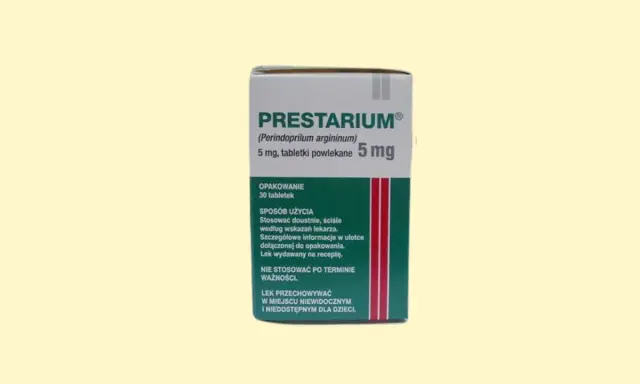 Opakowanie leku Prestarium 5 mg, zawierające 30 tabletek powlekanych. Stosować doustnie zgodnie z zaleceniami lekarza.
