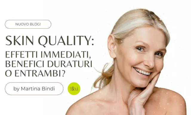 Donna sorridente con pelle luminosa, focus sulla qualità della pelle e i suoi benefici duraturi.