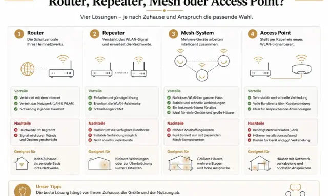 Vergleich von Router, Repeater, Mesh & Access Point: So kann man sein Internet verbessern. Die Grafik zeigt vier Lösungen für das Heimnetzwerk.