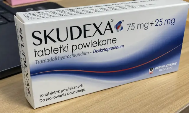 Opakowanie leku Skudexa 75 mg + 25 mg, zawierające 10 tabletek powlekanych tramadolu i deksketoprofenu.