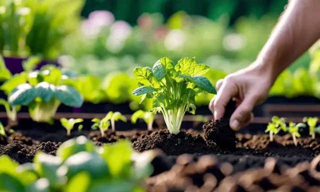 Main verte, une main ajoute de la terre autour d'un jeune plant. C'est le début de la culture, une étape clé pour savoir comment semer la mâche.