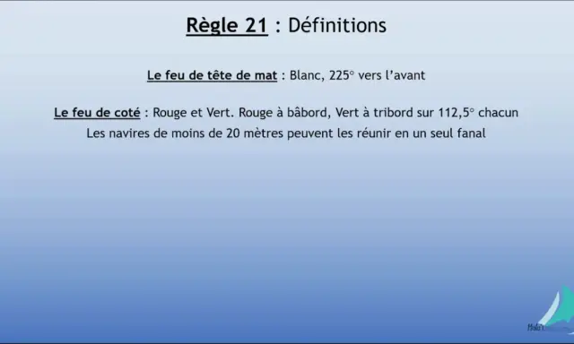 Règle 21 : Définitions des feux et marques des navires. Feu de tête de mât blanc, feux de côté rouge et vert.