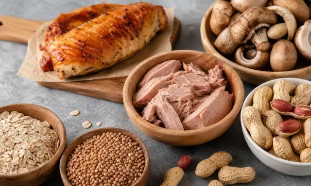 Cibi ricchi di niacina, utili per prevenire la pellagra malattia: pollo, tonno, funghi, arachidi, avena e ceci.