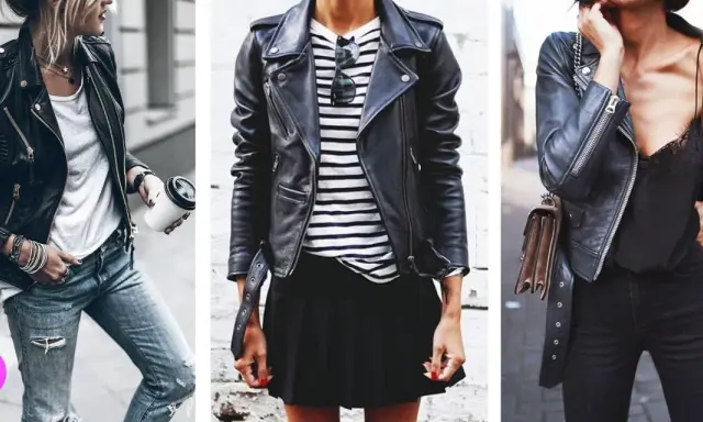 Tre modi per indossare una giacca di pelle: con jeans strappati, gonna a pieghe o pantaloni neri. Perfetta per ogni occasione.