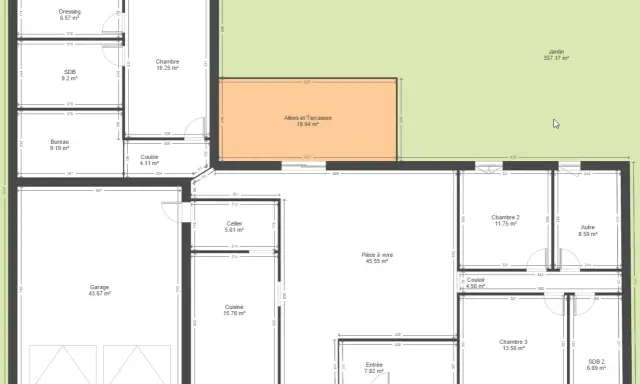 Plan maison plain pied avec garage, pièce à vivre, 3 chambres, cuisine, cellier, SDB, bureau et terrasse.