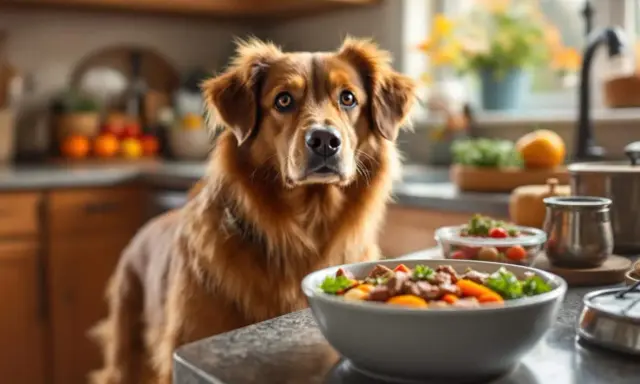 Un golden retriever attend patiemment sa nourriture, un plat appétissant de viande et de légumes est posé sur le comptoir de la cuisine.