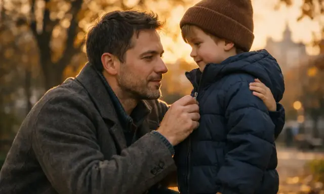 Ojciec zapina synowi kurtkę, czuły moment po rozstaniu. Prawa ojca do dziecka bez ślubu są ważne.