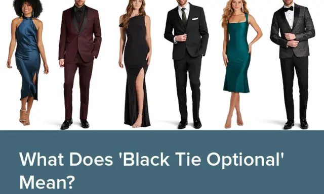 Six people in formal wear, including a burgundy black tie optional suit, a black suit, and elegant dresses, stand against a white background.
