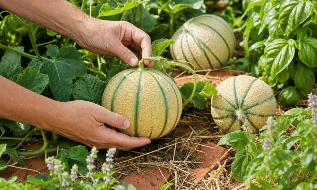 Mains cueillant un melon mûr dans une plantation de melons. Les fruits sont jaunes avec des rayures vertes, posés sur de la paille.