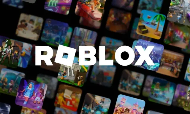 Logo Roblox otoczone mozaiką z miniaturkami fajne gry na roblox. Widać różne światy i postacie.
