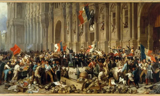 Menschenmenge vor prächtigem Gebäude, Fahnen wehen, ein Mann auf Podest verkündet die Februarrevolution 1848.