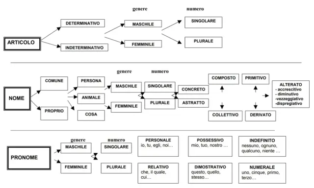 Schema per l'analisi grammaticale: articolo, nome e pronome con genere, numero e altre categorie. Un vero capostazione per l'analisi grammaticale.