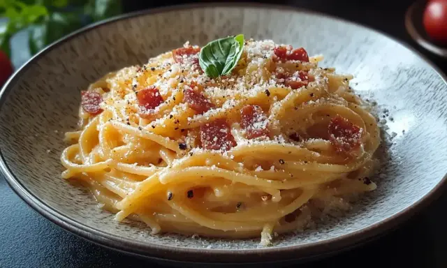 Pyszna carbonara z boczkiem i parmezanem, posypana świeżo mielonym pieprzem. Idealny przepis na szybki obiad.