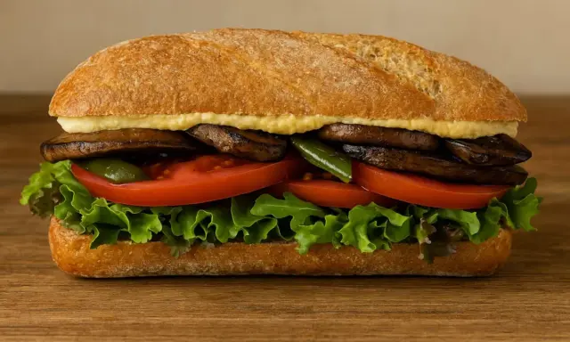 Un delicioso sandwich saludable con champiñones portobello, tomate, lechuga y pimientos verdes en pan rústico.