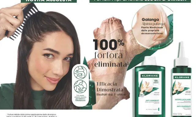 Capelli appena lavati senza forfora, grazie al trattamento Klorane con Galanga. Efficacia dimostrata dal primo utilizzo.