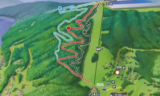 Mapa tras zjazdowych na Górze Żar. Widoczne są trasy rowerowe (niebieska, czerwona, czarna) oraz kolejka linowa.
