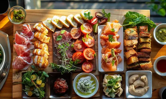 Une planche apéro généreuse : jambon cru, saumon fumé, tomates, pains variés, houmous, olives. Une belle idée planche apéro pour partager.