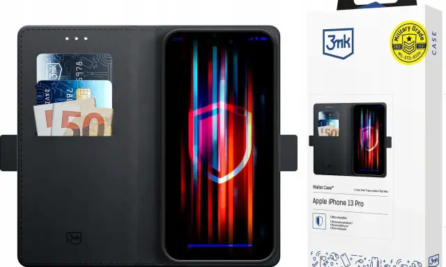 Czarne etui z klapką na iPhone 13 Pro, z miejscem na karty i banknoty. Idealne dla ceniących styl i bezpieczeństwo.