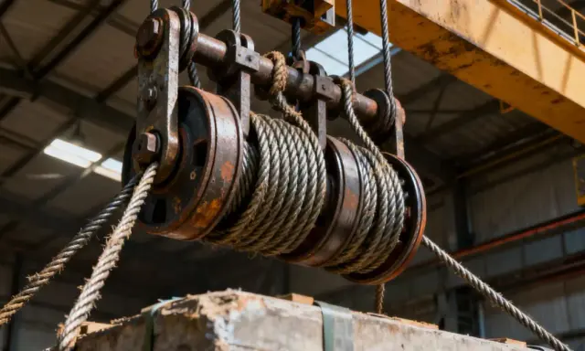 Un palan avec des poulies rouillées, prêt à soulever une charge. Le câble métallique s'enroule autour des roues pour fabriquer un palan efficace.