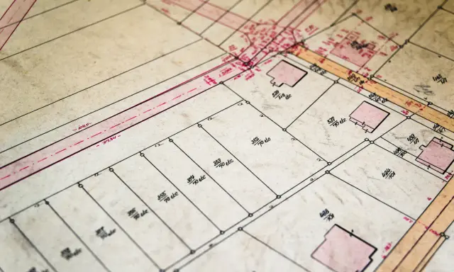 Stary plan działek z zaznaczonymi budynkami i wymiarami. Przypomina fragment ksiąg wieczystych po nazwisku, gdzie każdy kwadrat to osobna nieruchomość.