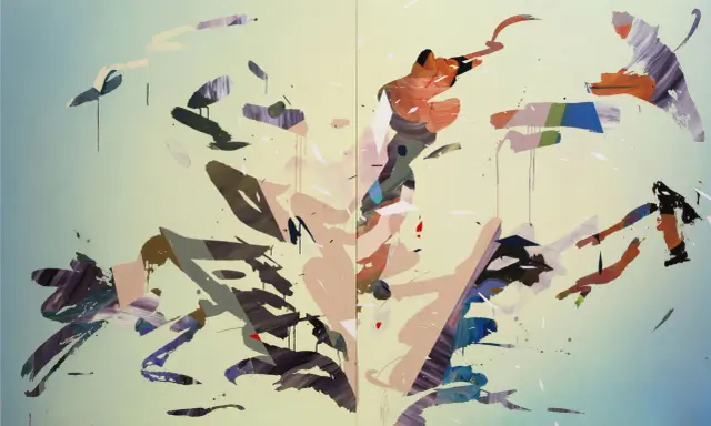 A dynamic modern abstract art piece with bold brushstrokes and a vibrant color palette, evoking a sense of movement and energy.