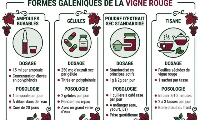 Différentes formes de vigne rouge : ampoules, gélules, poudre, tisane. Découvrez les bienfaits de la vigne rouge et comment la consommer.