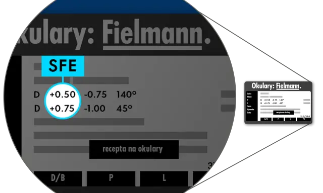 Tablica Snellena do bliży z danymi korekcji okularów: SFE, +0.50, -0.75, 140°, +0.75, -1.00, 45°.