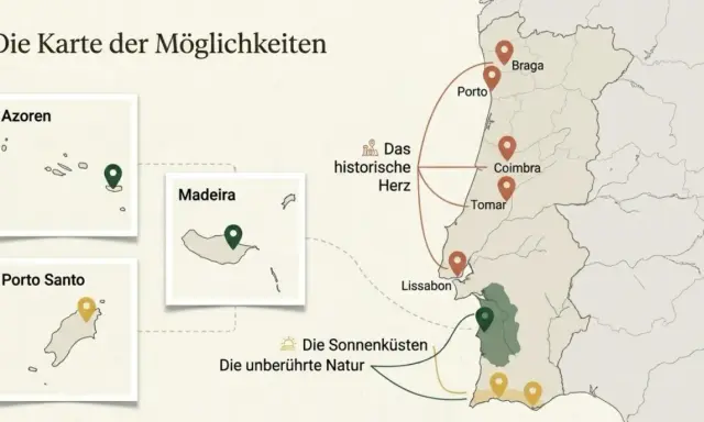 Karte zeigt verschiedene Portugal Regionen: Azoren, Madeira, Porto Santo, sowie das historische Herz mit Braga, Porto, Coimbra, Tomar und Lissabon.
