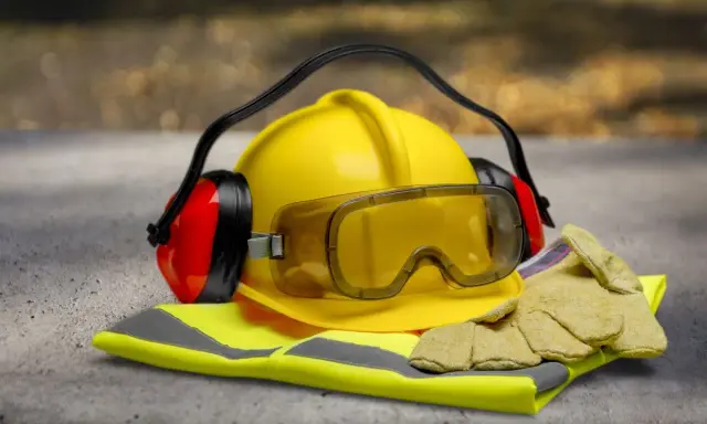 Casco amarillo, gafas protectoras, guantes y orejeras, el equipo de seguridad esencial para un mecánico.